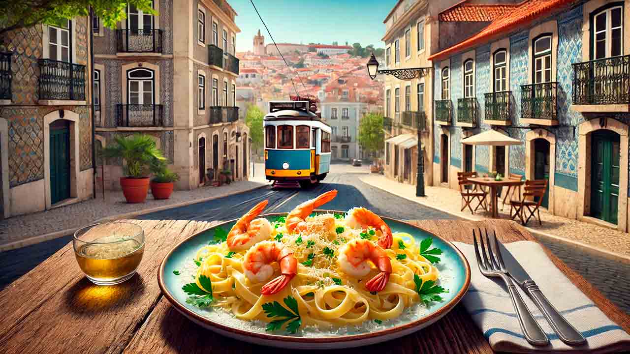 Fettucine com Camarão. Imagem gerada por IA
