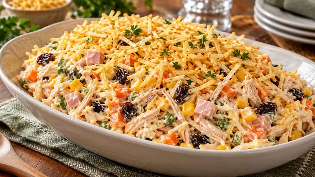 Salpicão de frango fácil e cremoso: receita simples com batata palha para toda a família