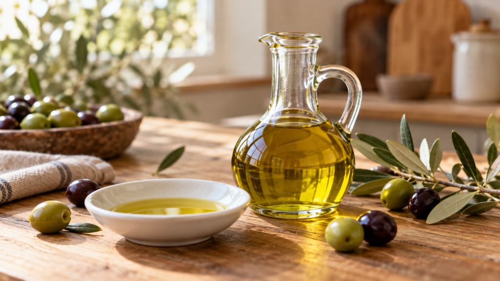 Tipos de azeite de oliva: entenda as diferenças entre extravirgem, virgem e refinado. Imagem: Condutta.com/IA