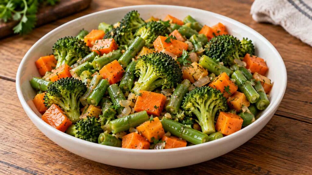 Jardineira de legumes fácil: receita com brócolis, cenoura e vagem para o dia a dia. Imagem: Condutta.com/IA