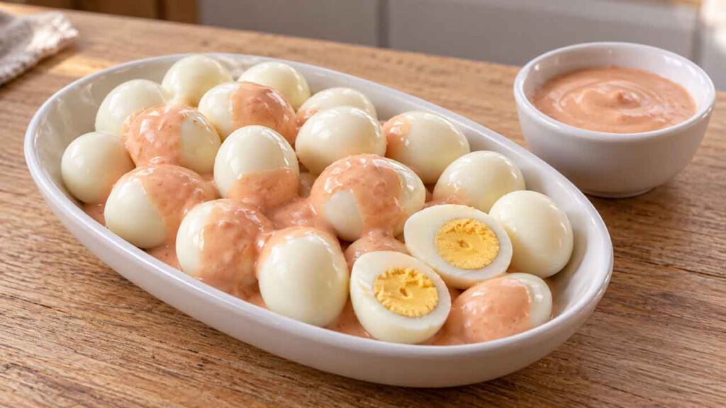 Ovos de codorna com molho rosé: aperitivo fácil com apenas 4 ingredientes. Imagem: Condutta.com/IA