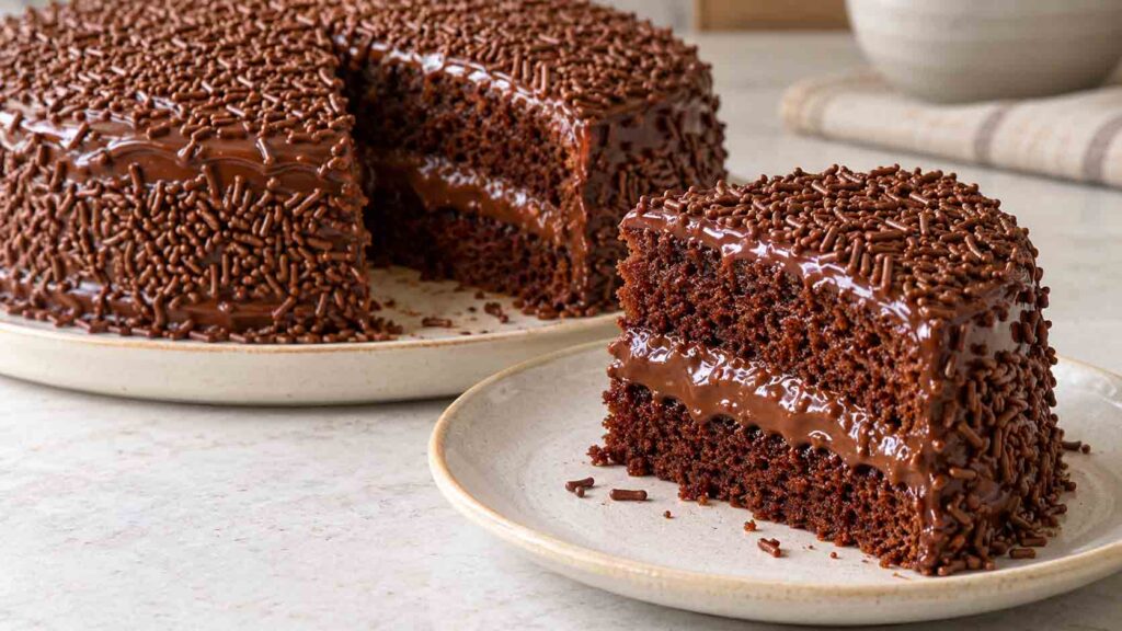 Bolo de brigadeiro com recheio e cobertura cremosa: veja como fazer. Imagfem: Condutta.com/IA