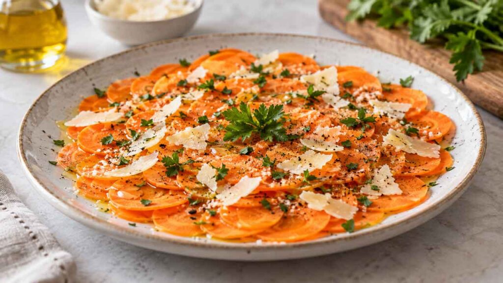 Carpaccio de cenoura fácil: receita leve e pronta em poucos minutos. Ilustração: IA/Condutta.com