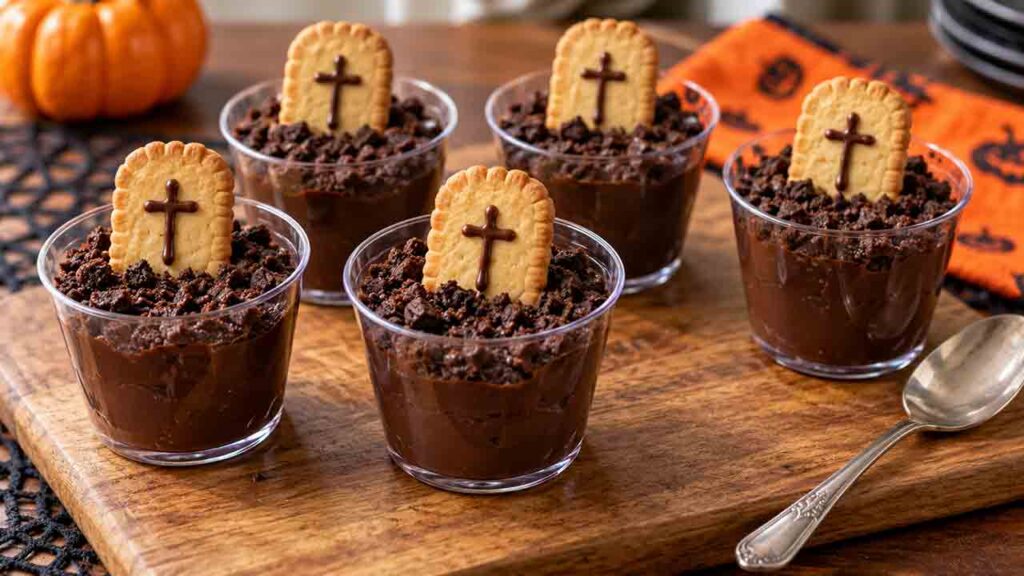 Brigadeiro de Halloween no copinho: veja como fazer a decoração de cemitério. Imagem: Condutta.com/IA