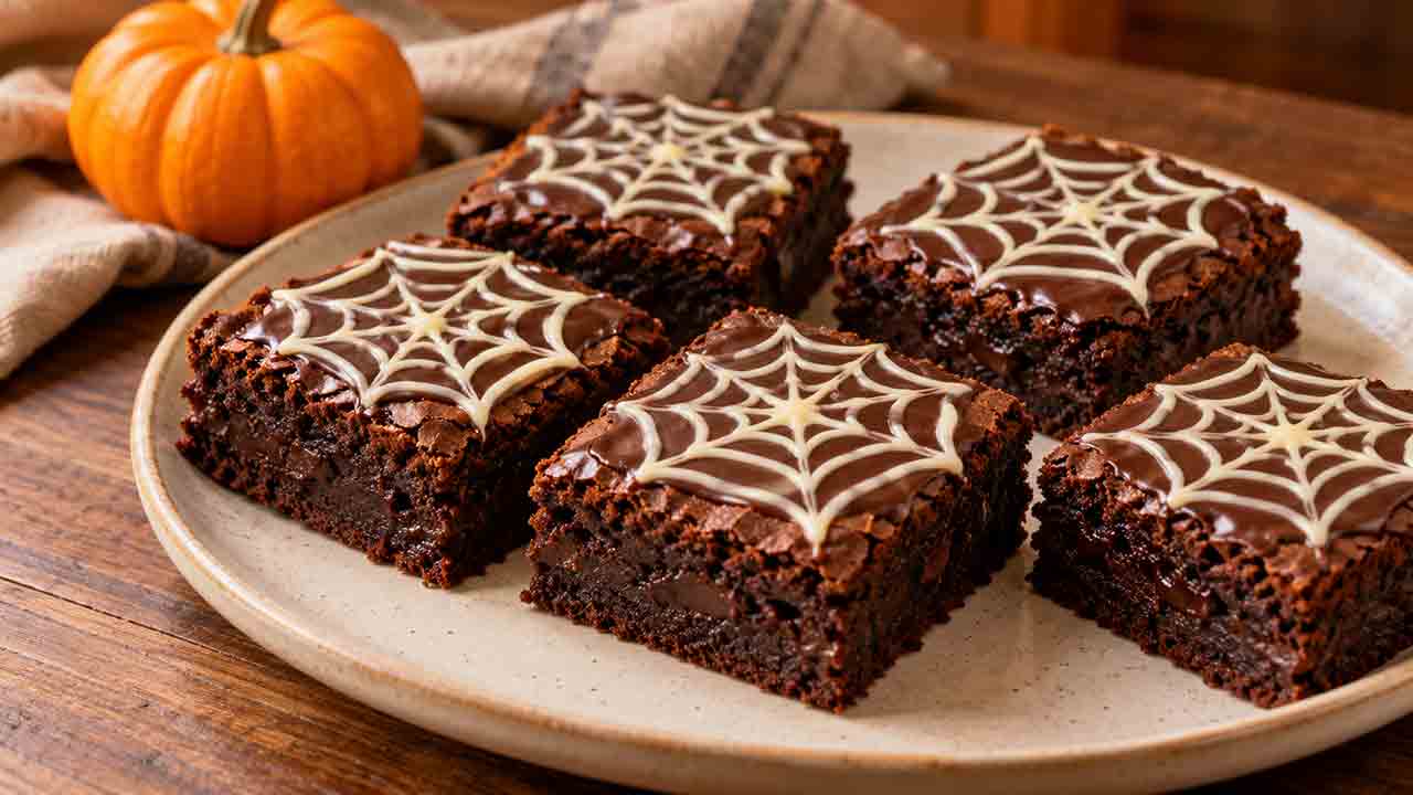 Brownie de Halloween com teia de chocolate branco: veja como fazer. Imagem: Condutta.com/IA