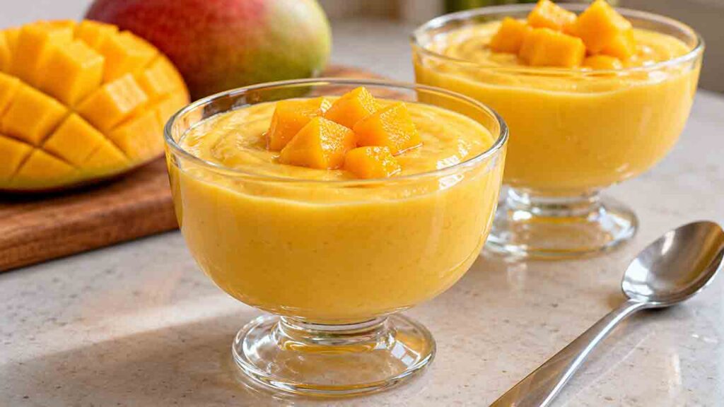 Sobremesa de manga no liquidificador: receita cremosa sem gelatina. Imagem: Condutta.com/IA