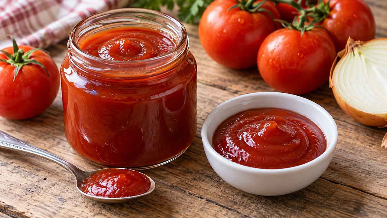 Ketchup caseiro fácil: receita com tomate e temperos para acompanhar seus pratos. Imagem: Condutta.com/IA