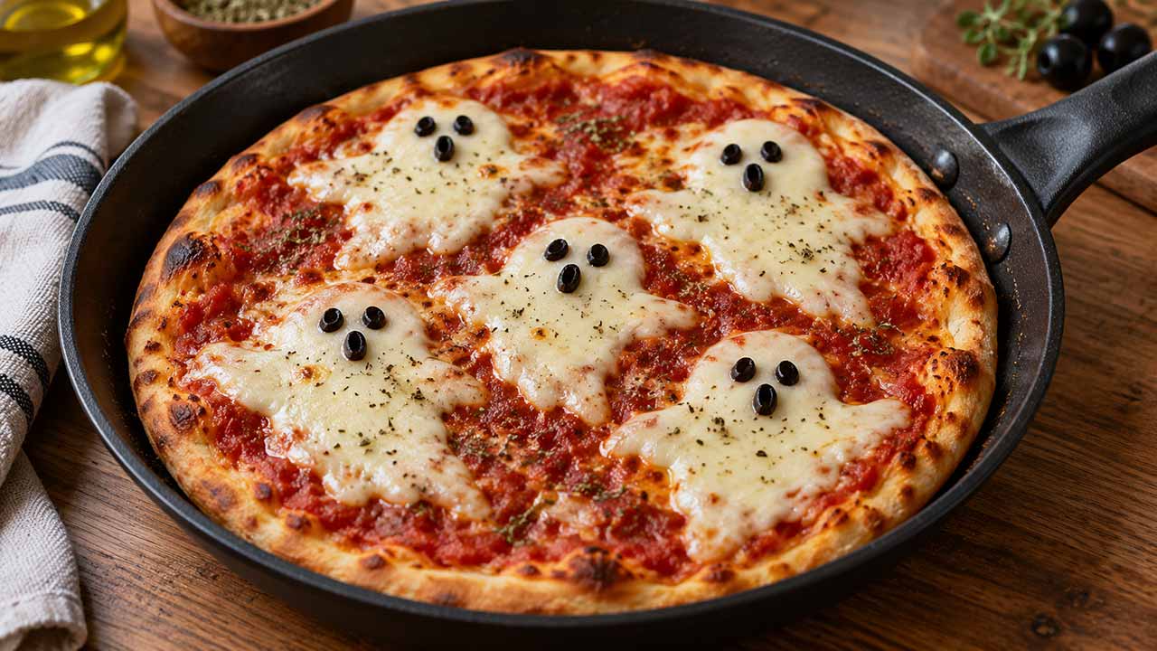Pizza de Halloween com fantasmas de queijo: receita fácil na frigideira