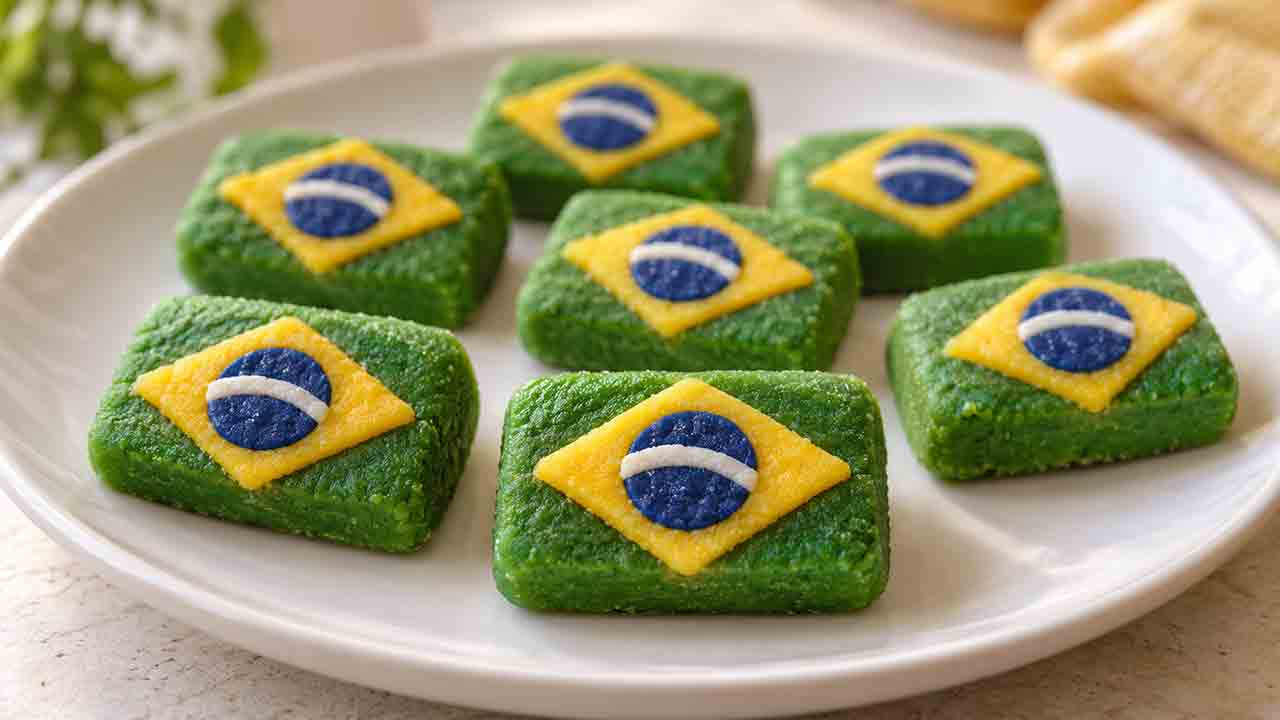 Docinho com a bandeira do Brasil: receita fácil sem forno. Ilustração: Condutta.com/IA